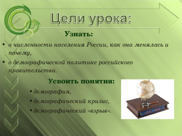  Узнать: о численности населения России, как она менялась и почему, о демографической политике российского правительства.   У своить понятия: демография, демографический кризис, демографический «взрыв». демография, демографический кризис, демографический «взрыв». демография, демографический кризис, демографический «взрыв». демография, демографический кризис, демографический «взрыв».  