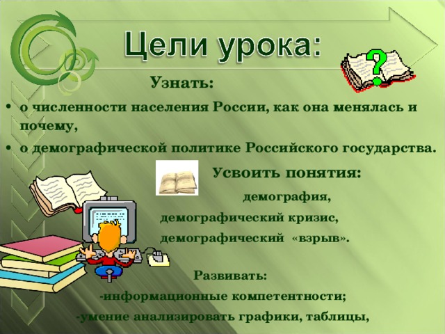  Узнать: о численности населения России, как она менялась и почему, о демографической политике Российского  государства.   У своить понятия:  демография,  демографический кризис,  демографический «взрыв».  демография,  демографический кризис,  демографический «взрыв».  демография,  демографический кризис,  демографический «взрыв».  демография,  демографический кризис,  демографический «взрыв».  Развивать: -информационные компетентности; -умение анализировать графики, таблицы, делать выводы, систематизировать материал.  
