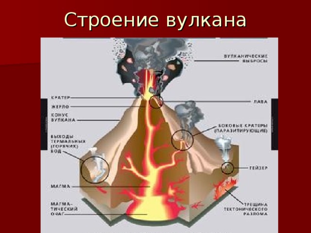 Обозначьте цифрами на схеме части вулкана