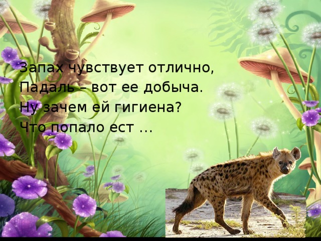 Запах чувствует отлично, Падаль – вот ее добыча. Ну зачем ей гигиена? Что попало ест … 