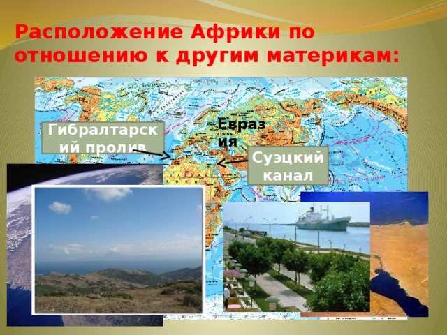 Расположение Африки по отношению к другим материкам: Евразия Гибралтарский пролив Суэцкий канал 