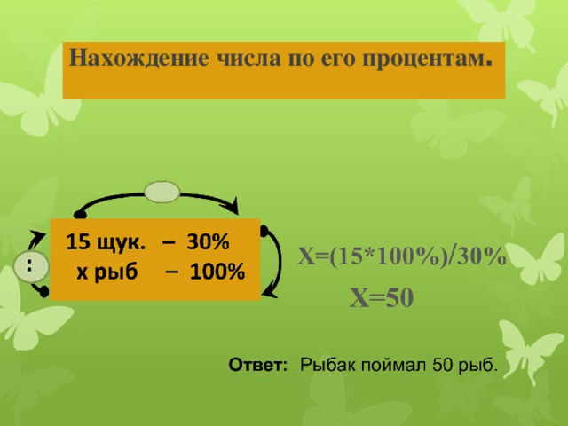 Нахождение числа по его процентам .    