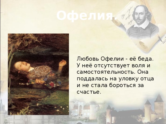 Офелия. Любовь Офелии - её беда. У неё отсутствует воля и самостоятельность. Она поддалась на уловку отца и не стала бороться за счастье. 