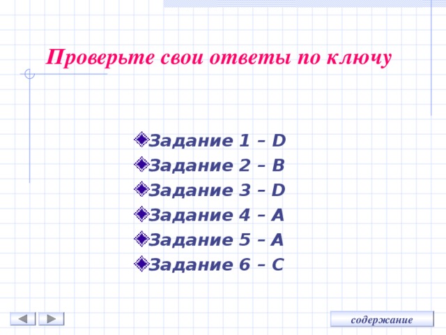 Проверьте свои ответы по ключу Задание 1 – D Задание 2 – B Задание 3 – D Задание 4 – A Задание 5 – A Задание 6 – С 