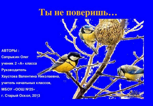 Ты не поверишь… АВТОРЫ : Сапрыкин Олег ученик 2 «А» класса Руководитель Хаустова Валентина Николаевна, учитель начальных классов, МБОУ «ООШ №25» г. Старый Оскол, 2013 