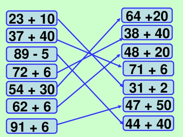64 +20 23 + 10 38 + 40 37 + 40 48 + 20 89 - 5 71 + 6 72 + 6 31 + 2 54 + 30 47 + 50 62 + 6 44 + 40 91 + 6 