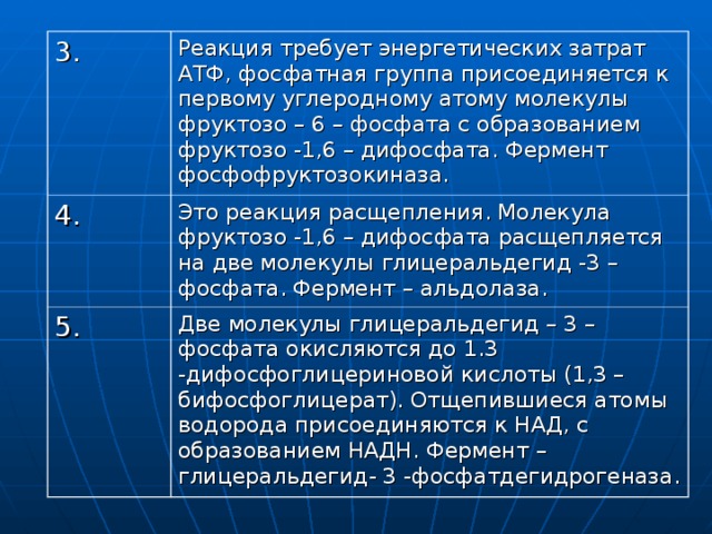 3. Реакция требует энергетических затрат АТФ, фосфатная группа присоединяется к первому углеродному атому молекулы фруктозо – 6 – фосфата с образованием фруктозо -1,6 – дифосфата. Фермент фосфофруктозокиназа. 4. Это реакция расщепления. Молекула фруктозо -1,6 – дифосфата расщепляется на две молекулы глицеральдегид -3 – фосфата. Фермент – альдолаза. 5. Две молекулы глицеральдегид – 3 –фосфата окисляются до 1.3 -дифосфоглицериновой кислоты (1,3 – бифосфоглицерат). Отщепившиеся атомы водорода присоединяются к НАД, с образованием НАДН. Фермент – глицеральдегид- 3 -фосфатдегидрогеназа. 