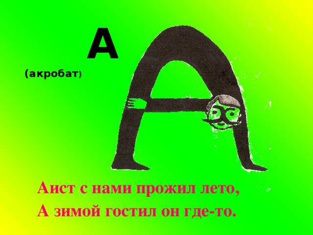  А  (акробат ) Аист с нами прожил лето, А зимой гостил он где-то. 