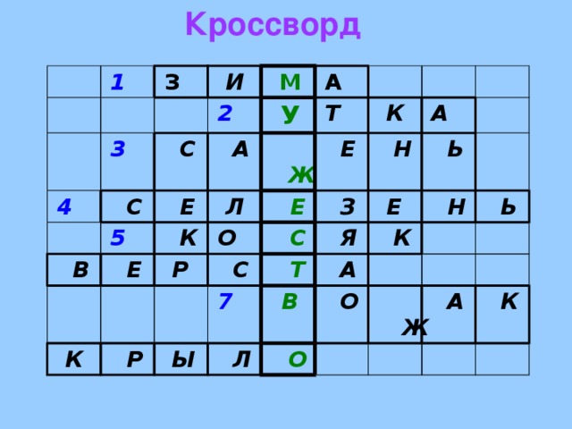  Кроссворд 1 З  И 4 3 М 2  С  С А  В  Е 5 У  А Т   Ж  Л  Е  К  К  Р О   Е  Е  К  С  З  С  Р  Н А   Ы  Ь 7  Т  Я  Е  А  Н В  К  Л  О  О  Ь  Ж  А  К 