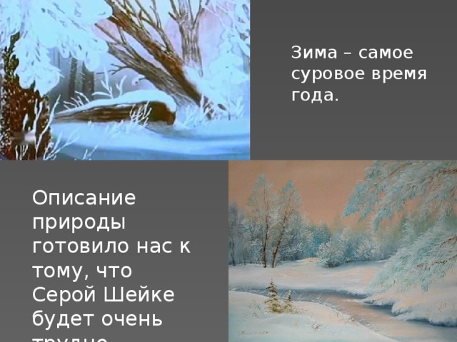 Зима – самое суровое время года. Описание природы готовило нас к тому, что Серой Шейке будет очень трудно пережить зиму. 