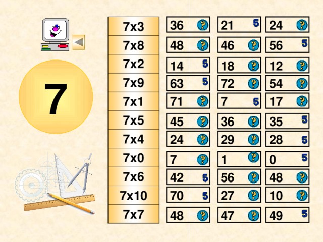 24 21 36 7х3 7х8 7х2 7х9 7х1 7х5 7х4 7х0 7х6 7х10 7х7 56 48 46 14 18 12 7 63 54 72 17 7 71 35 45 36 24 28 29 7 1 0 48 56 42 70 10 27 49 48 47 