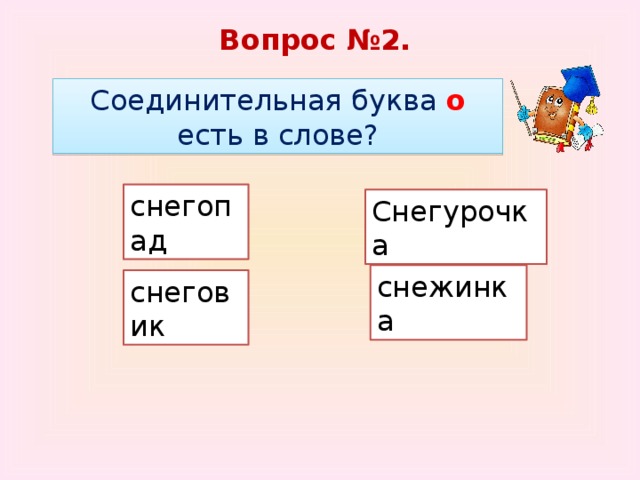 Вопрос №2. Соединительная буква о есть в слове? снегопад Снегурочка снежинка снеговик 