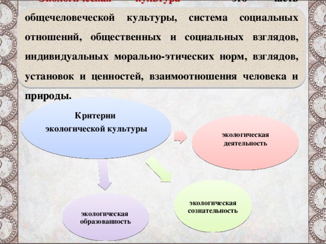  Экологическая культура  - это часть общечеловеческой культуры, система социальных отношений, общественных и социальных взглядов, индивидуальных морально-этических норм, взглядов, установок и ценностей, взаимоотношения человека и природы.             Критерии экологической культуры экологическая деятельность экологическая сознательность экологическая образованность  