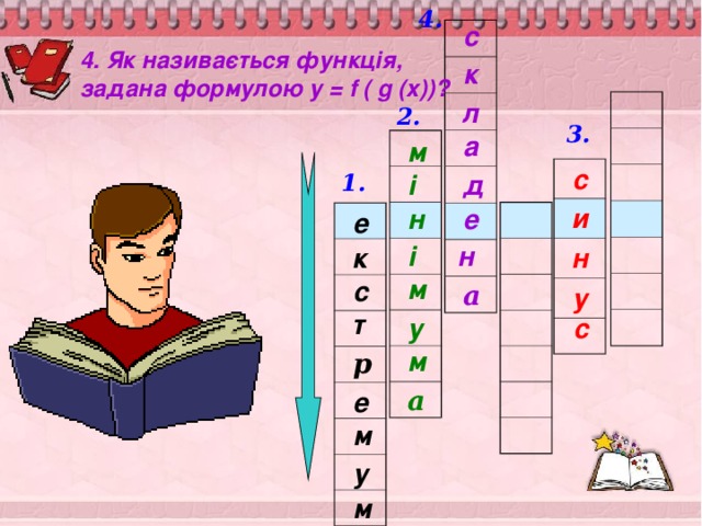 4. с 4. Як називається функція, задана формулою у = f ( g (x)) ? к л 2. 3. а м с и н у 1. д і н е е н і к м с а т с у м р а е м у м 