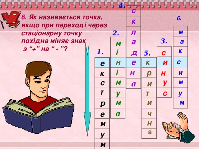 4. с 6.  Як називається точка, якщо при переході через стаціонарну точку похідна міняє знак  з “+” на “ - ”? 6. к л м 2. а 3. а м к с і д 1. 5. н е к и с е н і р н к и у м с м а и т т с у у м и р м а ч е н м а у м 