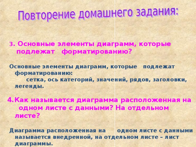   3 . Основные элементы диаграмм, которые  подлежат форматированию?   Основные элементы диаграмм, которые подлежат форматированию:  сетка, ось категорий, значений, рядов, заголовки, легенды.  4.Как называется диаграмма расположенная на  одном листе с данными? На отдельном листе?   Диаграмма расположенная на одном листе с данными называется внедренной, на отдельном листе – лист диаграммы.  