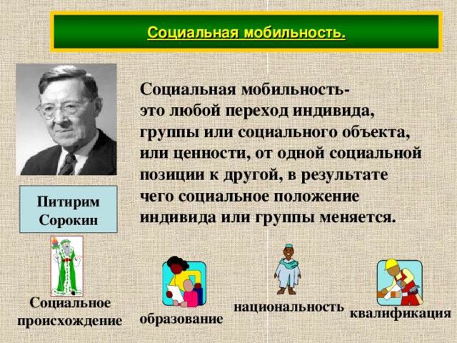 Социальная мобильность.  Социальная мобильность- это любой переход индивида, группы или социального объекта, или ценности, от одной социальной позиции к другой, в результате чего социальное положение индивида или группы меняется. Питирим Сорокин Социальное происхождение национальность квалификация образование 