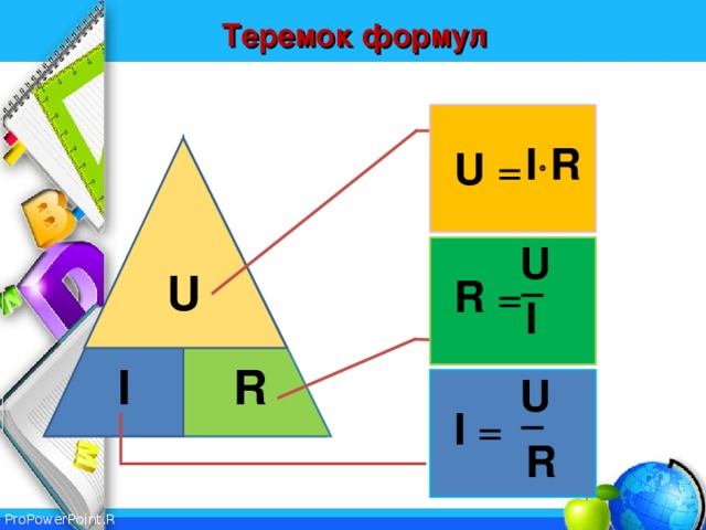 Теремок формул I  R U = U U R = I R I U I = R 