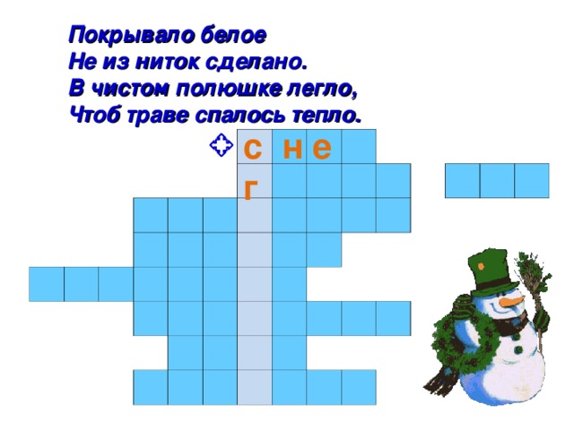 Покрывало белое  Не из ниток сделано.  В чистом полюшке легло,  Чтоб траве спалось тепло.   с н е г                                                                                                                                                                           