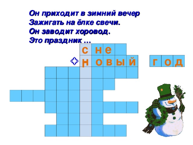Он приходит в зимний вечер Зажигать на ёлке свечи. Он заводит хоровод. Это праздник … с н е г                                                                                                                                                                           н о в ы й г о д 