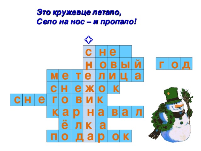 Это кружевце летало, Село на нос – и пропало! с н е г                                                                                                                                                                           н о в ы й г о д м е т е л и ц а с н е ж о к с н е г о в и к к а р н а в а л ё л к а п о д а р о к 