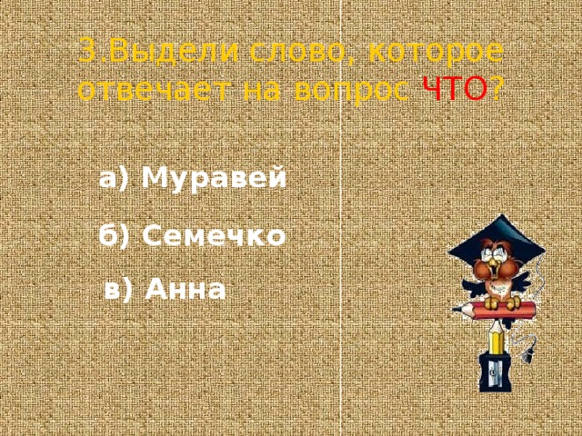 3.Выдели слово, которое отвечает на вопрос ЧТО ? а) Муравей б) Семечко в) Анна 