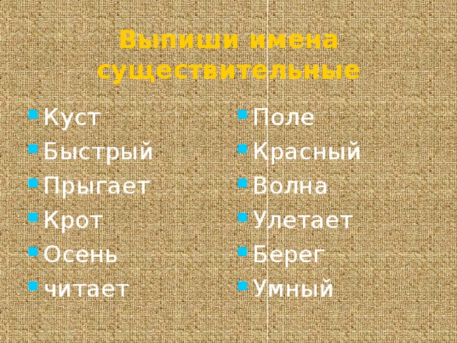 Выпиши имена существительные Куст Быстрый Прыгает Крот Осень читает Поле Красный Волна Улетает Берег Умный 