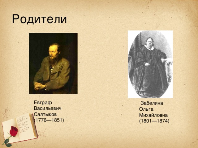 Родители Евграф Васильевич Салтыков (1776—1851)   Забелина Ольга Михайловна (1801—1874) 