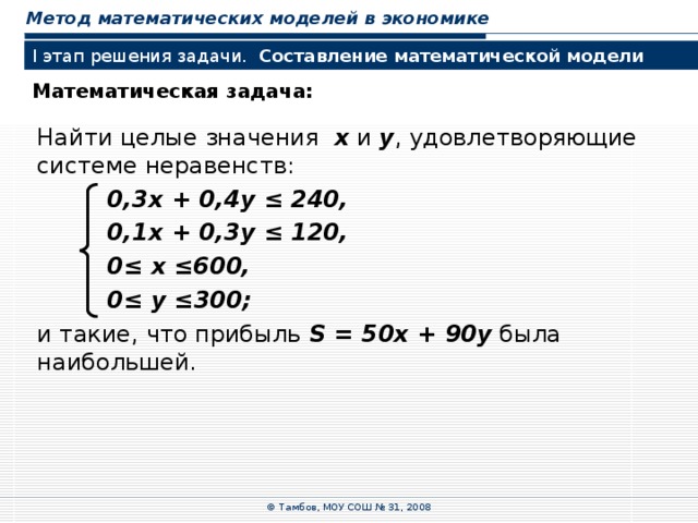 Метод математических моделей в экономике I этап решения задачи. Составление математической модели Математическая задача: Найти целые значения x и y , удовлетворяющие системе неравенств:  0,3 x + 0,4 y ≤ 240,  0,1 x + 0,3 y ≤ 120,  0≤ x ≤600,  0≤ y ≤300; и такие, что прибыль S = 50 x + 90 y была наибольшей. © Тамбов, МОУ СОШ № 31, 2008 