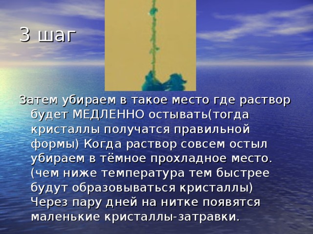 3 шаг Затем убираем в такое место где раствор будет МЕДЛЕННО остывать(тогда кристаллы получатся правильной формы) Когда раствор совсем остыл убираем в тёмное прохладное место. (чем ниже температура тем быстрее будут образовываться кристаллы) Через пару дней на нитке появятся маленькие кристаллы-затравки. 