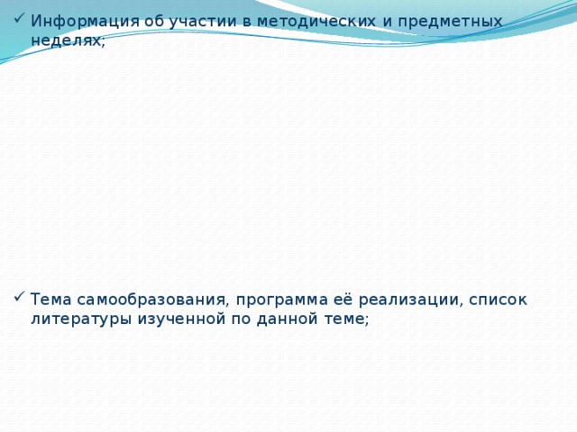 Информация об участии в методических и предметных неделях; Тема самообразования, программа её реализации, список литературы изученной по данной теме; 