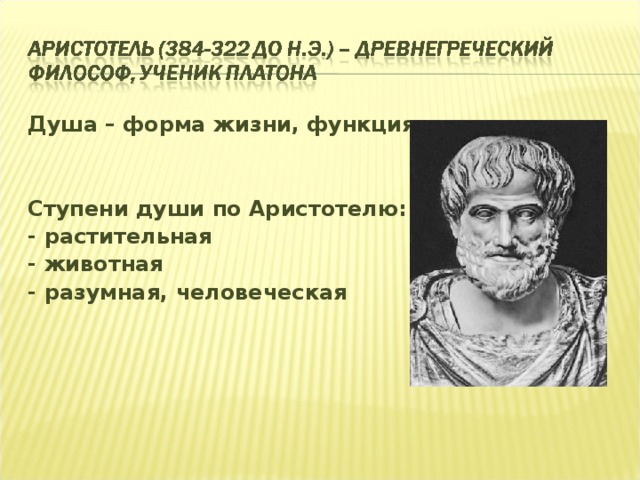 Душа – форма жизни, функция тела   Ступени души по Аристотелю: - растительная - животная - разумная, человеческая  