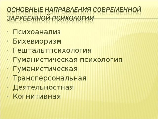 Психоанализ Бихевиоризм Гештальтпсихология Гуманистическая психология Гуманистическая Трансперсональная Деятельностная Когнитивная 