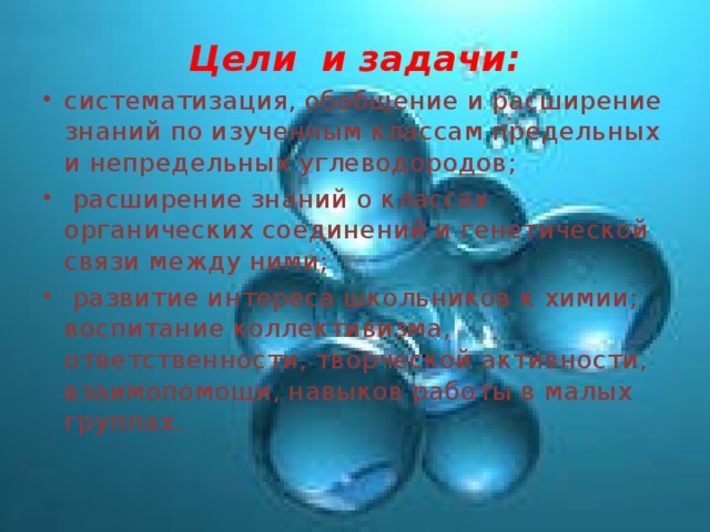 Цели и задачи: систематизация, обобщение и расширение знаний по изученным классам предельных и непредельных углеводородов;  расширение знаний о классах органических соединений и генетической связи между ними;  развитие интереса школьников к химии; воспитание коллективизма, ответственности, творческой активности, взаимопомощи, навыков работы в малых группах. 