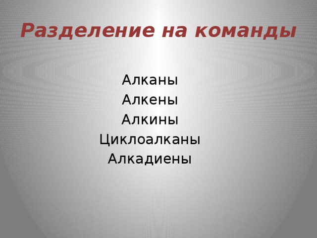 Разделение на команды Алканы Алкены Алкины Циклоалканы Алкадиены 