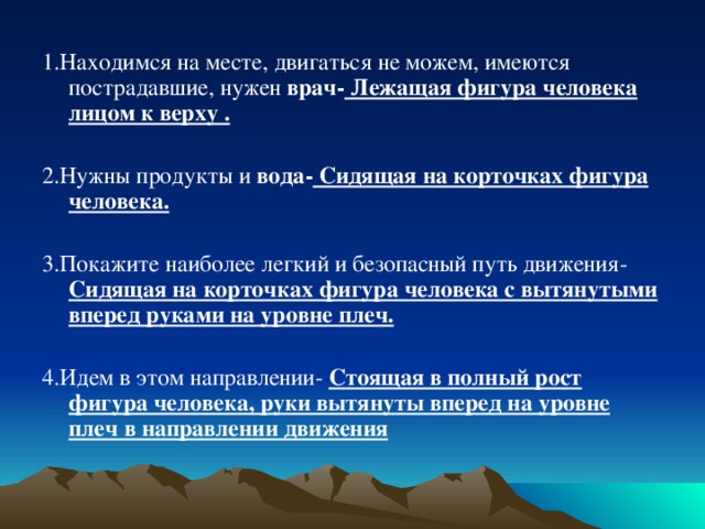 1.Находимся на месте, двигаться не можем, имеются пострадавшие, нужен врач- Лежащая фигура человека лицом к верху . 2.Нужны продукты и вода- Сидящая на корточках фигура человека.  3.Покажите наиболее легкий и безопасный путь движения- Сидящая на корточках фигура человека с вытянутыми вперед руками на уровне плеч. 4.Идем в этом направлении- Стоящая в полный рост фигура человека, руки вытянуты вперед на уровне плеч в направлении движения  