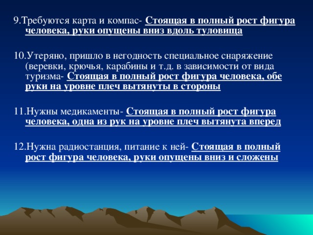 9.Требуются карта и компас- Стоящая в полный рост фигура человека, руки опущены вниз вдоль туловища 10.Утеряно, пришло в негодность специальное снаряжение (веревки, крючья, карабины и т.д. в зависимости от вида туризма- Стоящая в полный рост фигура человека, обе руки на уровне плеч вытянуты в стороны 11.Нужны медикаменты- Стоящая в полный рост фигура человека, одна из рук на уровне плеч вытянута вперед  12.Нужна радиостанция, питание к ней- Стоящая в полный рост фигура человека, руки опущены вниз и сложены  