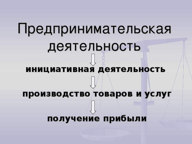 Предпринимательская деятельность инициативная деятельность   производство товаров и услуг  получение прибыли 