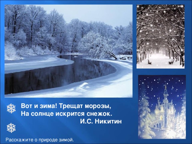 Вот и зима! Трещат морозы, На солнце искрится снежок.  И.С. Никитин Расскажите о природе зимой. 