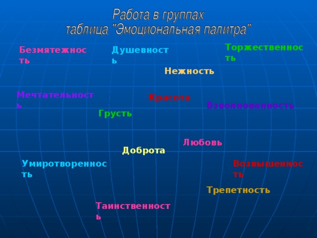 Торжественность Безмятежность Душевность Нежность Мечтательность Красота Взволнованность Грусть Любовь Доброта Умиротворенность Возвышенность Трепетность Таинственность 