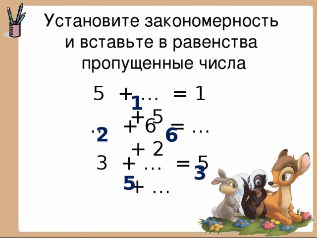 Установите закономерность  и вставьте в равенства  пропущенные числа  5 + … = 1 + 5  1   2  … + 6 = … + 2  6   3   5   3 + … = 5 + … 