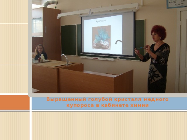 Выращенный голубой кристалл медного купороса в кабинете химии 