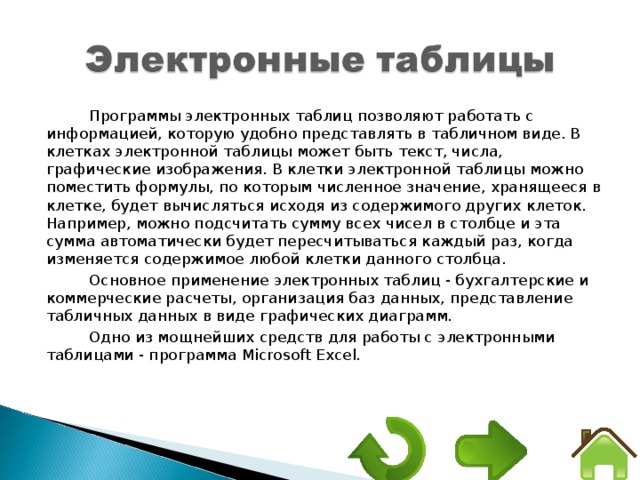 Программы электронных таблиц позволяют работать с информацией, которую удобно представлять в табличном виде. В клетках электронной таблицы может быть текст, числа, графические изображения. В клетки электронной таблицы можно поместить формулы, по которым численное значение, хранящееся в клетке, будет вычисляться исходя из содержимого других клеток. Например, можно подсчитать сумму всех чисел в столбце и эта сумма автоматически будет пересчитываться каждый раз, когда изменяется содержимое любой клетки данного столбца. Основное применение электронных таблиц - бухгалтерские и коммерческие расчеты, организация баз данных, представление табличных данных в виде графических диаграмм. Одно из мощнейших средств для работы с электронными таблицами - программа Microsoft Excel. 