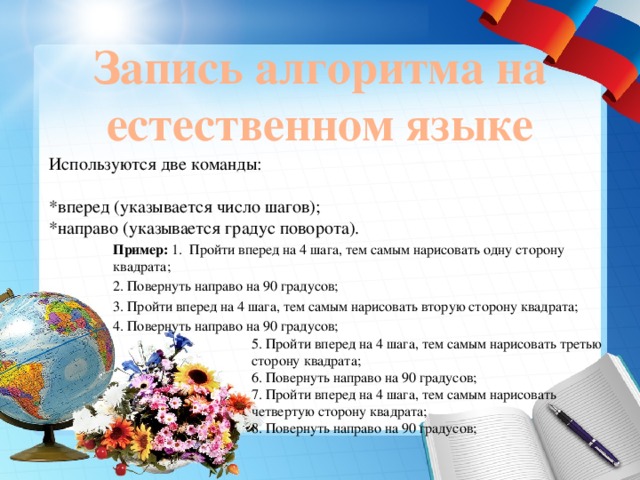 Запись алгоритма на естественном языке Используются две команды:   *вперед (указывается число шагов);  *направо (указывается градус поворота).   Пример: 1. Пройти вперед на 4 шага, тем самым нарисовать одну сторону квадрата; 2. Повернуть направо на 90 градусов; 3. Пройти вперед на 4 шага, тем самым нарисовать вторую сторону квадрата; 4. Повернуть направо на 90 градусов; 5. Пройти вперед на 4 шага, тем самым нарисовать третью сторону квадрата; 6. Повернуть направо на 90 градусов; 7. Пройти вперед на 4 шага, тем самым нарисовать четвертую сторону квадрата; 8. Повернуть направо на 90 градусов; 