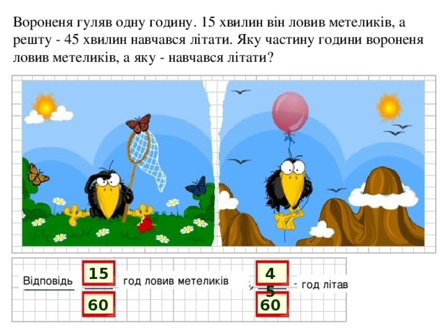 Вороненя гуляв одну годину . 15 хвилин він ловив метеликів, а решту - 45 хвилин навчався літати. Яку частину години вороненя ловив метеликів, а яку - навчався літати? 15 45 Відповідь год ловив метеликів год літав 60 60 