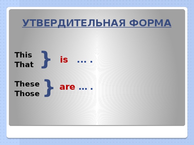 УТВЕРДИТЕЛЬНАЯ ФОРМА This That These Those   } is ... . } are … . 
