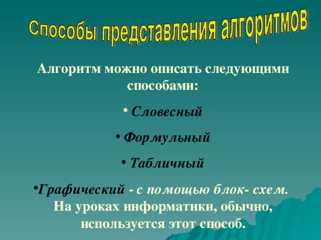 Алгоритм можно описать следующими способами:  Словесный  Формульный  Табличный Графический - с помощью блок- схем.   На уроках информатики, обычно, используется этот способ. 
