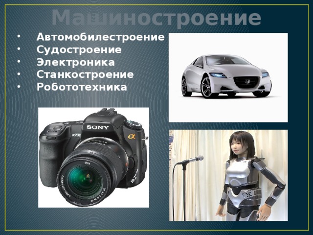 Машиностроение Автомобилестроение Судостроение Электроника Станкостроение Робототехника  