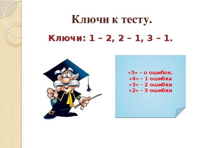 Ключи к тесту. Ключи: 1 – 2, 2 – 1, 3 – 1. «5» – о ошибок. «4» – 1 ошибка «3» – 2 ошибки «2» – 3 ошибки 