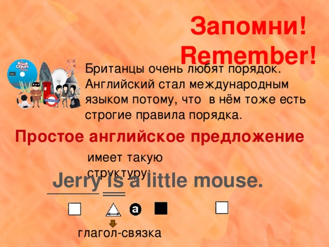 Запомни! Remember! Британцы очень любят порядок. Английский стал международным языком потому, что в нём тоже есть строгие правила порядка. Простое английское предложение имеет такую структуру: Jerry is a little mouse. глагол-связка 